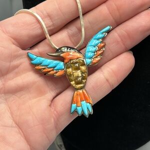 Sterling Turquoise & Coral inlay Colorful Humming Bird Pendant Necklace